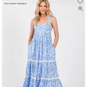 Pink Blush Light Blue Floral Lace Trim Tiered Maternity Maxi Dress